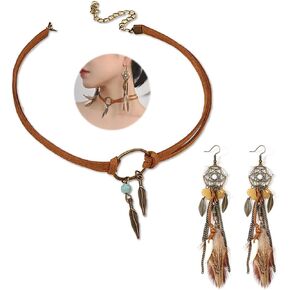 Boho Feather Pendant Jewelry Set Retro Native American Style Suede Choker Necklace Dream Catcher Long Feather Drop Dangle Ethnic Earrings for Women