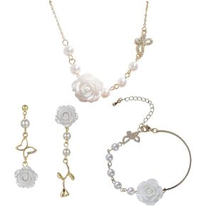 Fuqimanman2020 3PcsRose Flower Jewelry Red White Rose Bluebell Flower Long Necklaces Flower Dangle Earrings Rose Bluebell Bracelet Jewelry Sets For Women