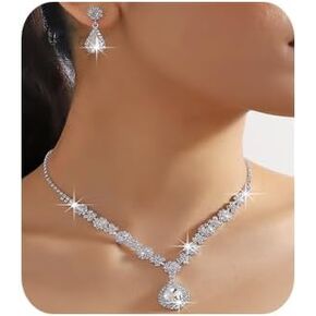 Bridal Crystal Rhinestone Necklace Earring Set Teardrop Pendant Necklace Earrings Set Bohemian Crystal Rhinestone Dangle Necklace Earrings Set for Wedding for Brides Bridesmaid