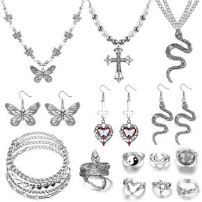 14Pcs Grunge Gothic Jewelry Set for Women Men Vintage Cross Necklace Butterfly Snake Heart Bat Pendant Necklaces Gothic Heart Bat Butterfly Dangle Earrings Goth Stackable Knuckle Rings Adjustable Gothic Chain bracelets Y2K Jewelry