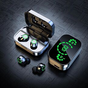 Bluetooth 5.3 Portable True Wireless Earbuds Headphones Smart Touch Control with Fast Charging Case Green LED Mirrored Screen Technology Earbuds (Black, Mini)