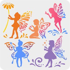FINGERINSPIRE Fairy Stencil 11.8x11.8inch Reusable Butterfly Flower Fairies Drawing Template DIY Art Little Fairy Stencil Dream Theme Stencil for Painting on Wall, Wood, Fabric, Paper and Furniture