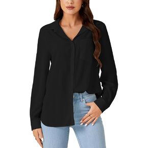 Rooscier Women's Button Down Collared Long Sleeve Office Work Blouse Shirt Top with Pocket