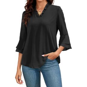Famulily Womens Tops Casual 3/4 Bell Sleeve Blouses Ruffled V Neck Chiffon Double Layered Work Tunic Shirts