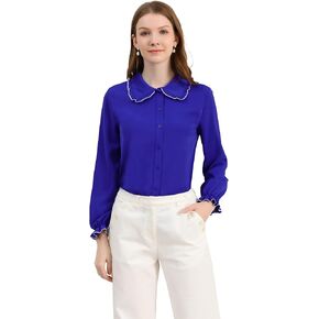 Allegra K Women's Long Sleeve Blouse Sweet Ruffle Peter Pan Collar Button Down Business Casual Work Shirt