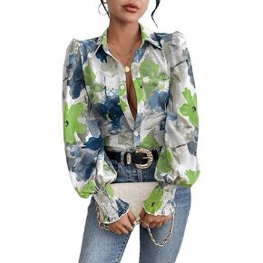 Floerns Women's Floral Print Button Front Lantern Long Sleeve Blouse Shirt