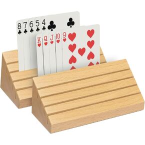 Set of 2 Playing Card Holder Solid Card Tray Rack Organizer for Kids, Adults, Seniors - 5.9x3.1x2.4Inch Size Solid Beechwood Playing Card Holders/Racks for Canasta, Poker Parties