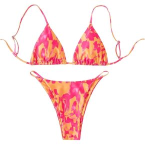 GORGLITTER Women's Color Block Swimsuit Triangle High Cut G String Bikini Set Tie Dye Bathing Suit