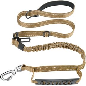 Tactical Dog Leash Heavy Duty, 4-6FT Shock Absorbing Bungee Dog Leash, Reflective Military Strong No Pull Dog Leash with 2 Padded Handle and Car Seatbelt for Medium Large Dogs, Khaki