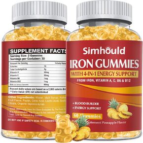 2 Pack Vegan 80MG Iron Supplement Gummies for Women & Men - Vitamin A, C, B for Adults & Kids - Blood Builder & Energy Support for Iron Deficiency, Anemia, 120 Counts Pineapple Flavor Gummies