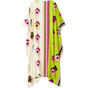 Varni Jewel White and Green Full Lengthed Printed Softy Silk Modest Wear Kaftan for Women,Beach Dress,Maxi Dress,Caftan, Birthday,Crew Neck Style,Regular Kaftan