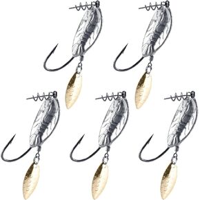 5-Pack Weighted Swimbait Hooks with Underspin, Pin Spring Fishing Hook with Willow Spinner Blades Silver Gold, 1/7-3/8oz Bass Hooks Swivels Spinnerbait Weedless hook for Soft Fishing Lures
