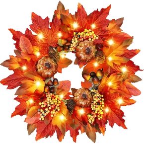 [Prelit & Timer] 16 Inch Thanksgiving Wreath 20 Warm Lights Fall Wreaths Fall Decorations for Front Door, Artificial Maples Leaf Pumpkin Pine Cone Berry Autumns Thanksgiving Wreaths Decor Home Outdoor