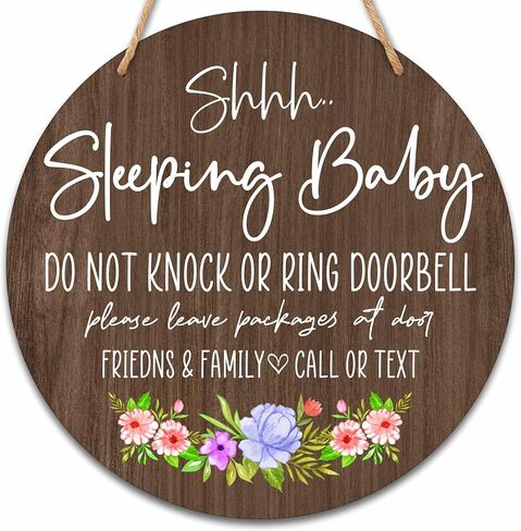 Baby Sleeping Sign for Front Door, Do Not Knock or Ring Doorbell Round Hanging Sign With Rope, Rustic Wooden Baby Bedroom Nursery Home Front Door Porch, New Mom Gifts, B(01) in Saudi Arabia