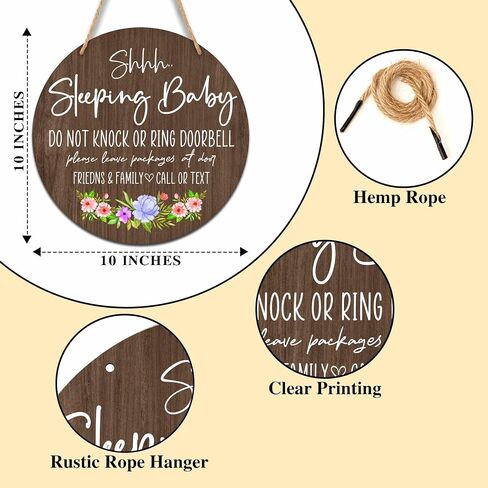 Baby Sleeping Sign for Front Door, Do Not Knock or Ring Doorbell Round Hanging Sign With Rope, Rustic Wooden Baby Bedroom Nursery Home Front Door Porch, New Mom Gifts, B(01) in Saudi Arabia