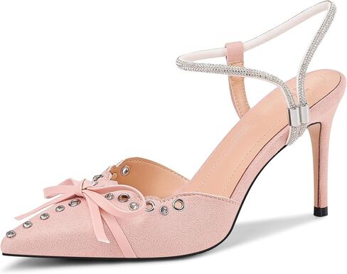 Fericzot Women's Pointed Toe Bow Tie Mule Heels Adjustable Strap Backless Studded Stilettos Slip On Dress Pump Shoes Party Wedding in Saudi Arabia