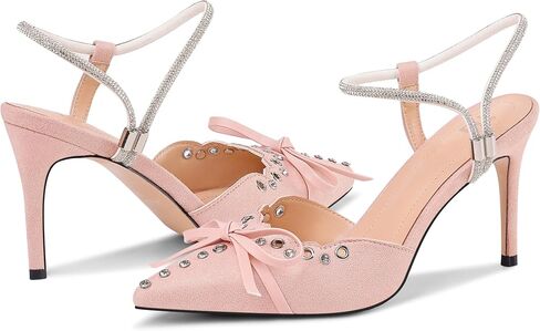 Fericzot Women's Pointed Toe Bow Tie Mule Heels Adjustable Strap Backless Studded Stilettos Slip On Dress Pump Shoes Party Wedding in Saudi Arabia