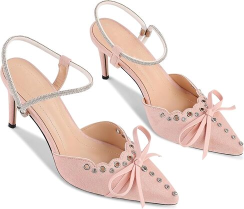 Fericzot Women's Pointed Toe Bow Tie Mule Heels Adjustable Strap Backless Studded Stilettos Slip On Dress Pump Shoes Party Wedding in Saudi Arabia