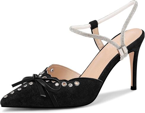 Fericzot Women's Pointed Toe Bow Tie Mule Heels Adjustable Strap Backless Studded Stilettos Slip On Dress Pump Shoes Party Wedding in Saudi Arabia