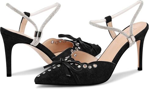 Fericzot Women's Pointed Toe Bow Tie Mule Heels Adjustable Strap Backless Studded Stilettos Slip On Dress Pump Shoes Party Wedding in Saudi Arabia