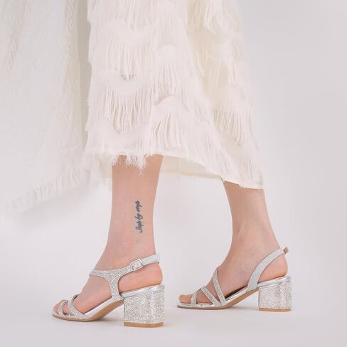 حذاء نسائي من SheSole مصنوع من حجر الراين اللامع لحفلات الزفاف وحفلات التخرج والسهرة الرسمية صندل بكعب منخفض مكتنز فضي US 9 in Kuwait