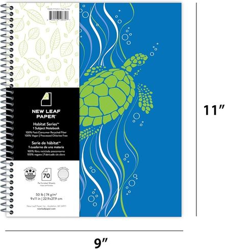 دفاتر ملاحظات بتصميم حلزوني كبير من الورق الجديد، حزمة من 12 قطعة، تصميم السلاحف البحرية، 11 بوصة × 9 بوصة 70 ورقة مثقوبة، صفحات مسطرة جامعية معاد تدويرها بنسبة 100%، نباتية، صنع في الولايات المتحدة الأمريكية in Kuwait