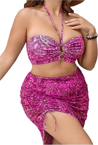 SHENHE Women's Plus Size Paisley High Waisted 3 Pieces Halter Swimsuits with Cover Up Skirt in Saudi Arabia