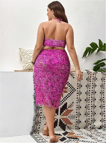 SHENHE Women's Plus Size Paisley High Waisted 3 Pieces Halter Swimsuits with Cover Up Skirt in Saudi Arabia
