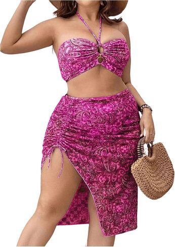 SHENHE Women's Plus Size Paisley High Waisted 3 Pieces Halter Swimsuits with Cover Up Skirt in Saudi Arabia