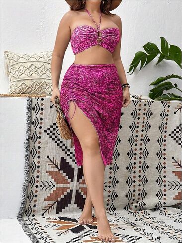 SHENHE Women's Plus Size Paisley High Waisted 3 Pieces Halter Swimsuits with Cover Up Skirt in Saudi Arabia