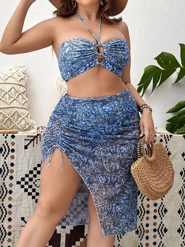 SHENHE Women's Plus Size Paisley High Waisted 3 Pieces Halter Swimsuits with Cover Up Skirt in Saudi Arabia