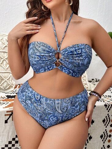 SHENHE Women's Plus Size Paisley High Waisted 3 Pieces Halter Swimsuits with Cover Up Skirt in Saudi Arabia