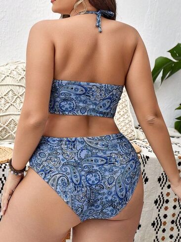 SHENHE Women's Plus Size Paisley High Waisted 3 Pieces Halter Swimsuits with Cover Up Skirt in Saudi Arabia