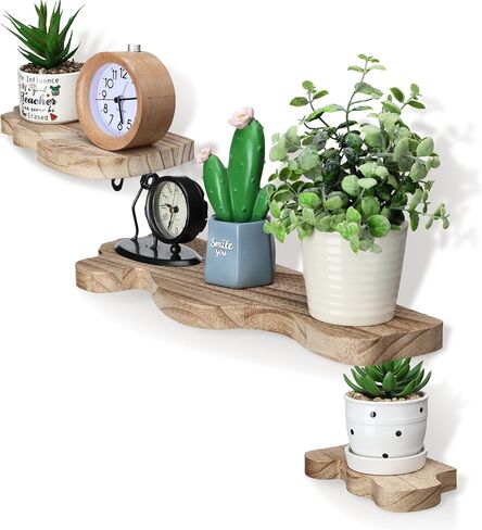 Set of 3 Small Rustic Wave Edge Floating Shelf 3 Size Live Edge Wooden Shelf with Metal Bracket Wall Mounted Display Ledge Shelves Farmhouse Vintage Wall Decor for Living Room Bedroom (Walnut) in Saudi Arabia