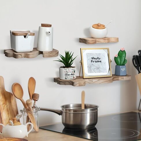 Set of 3 Small Rustic Wave Edge Floating Shelf 3 Size Live Edge Wooden Shelf with Metal Bracket Wall Mounted Display Ledge Shelves Farmhouse Vintage Wall Decor for Living Room Bedroom (Walnut) in Saudi Arabia
