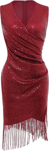 BABEYOND Sequin Dresses for Women - Wrap Bodycon Party Dress Ruched Fringe Sexy Night Clubwear in Saudi Arabia