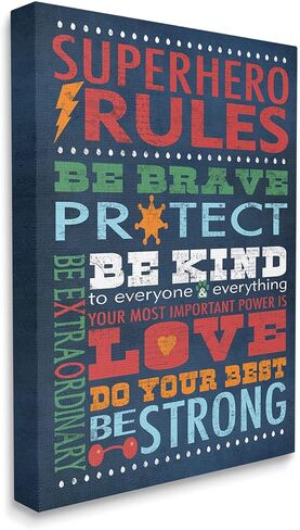 The Kids Room by Stupell Dark Blue Superhero Rules Rectangle Wall Plaque, 11 x 0.5 x 15, Proudly Made in USA in Saudi Arabia