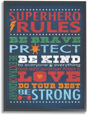 The Kids Room by Stupell Dark Blue Superhero Rules Rectangle Wall Plaque, 11 x 0.5 x 15, Proudly Made in USA in Saudi Arabia