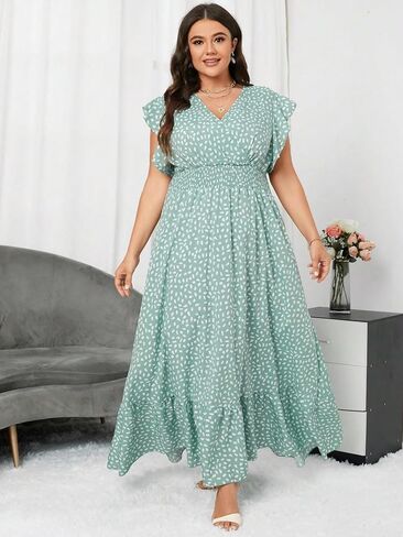 فستان طويل نسائي من MakeMeChic مطبوع عليه زهور وأكمام واسعة ورقبة على شكل حرف V مكشكش وخصر عالٍ وحاشية مكشكشة على شكل حرف A فستان طويل in Saudi Arabia
