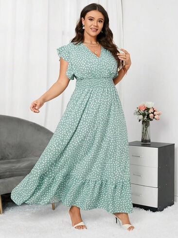 فستان طويل نسائي من MakeMeChic مطبوع عليه زهور وأكمام واسعة ورقبة على شكل حرف V مكشكش وخصر عالٍ وحاشية مكشكشة على شكل حرف A فستان طويل in Saudi Arabia