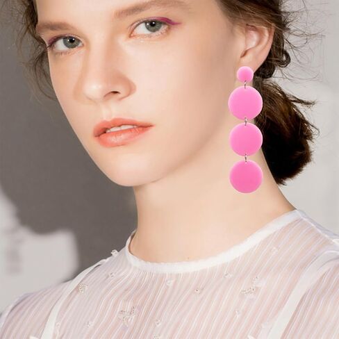 Retro Lightweight Round Acrylic Disk Statement Dangle Earrings Fluorescent Color Triple Splicing Drop Earrings in Kuwait