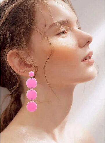 Retro Lightweight Round Acrylic Disk Statement Dangle Earrings Fluorescent Color Triple Splicing Drop Earrings in Kuwait