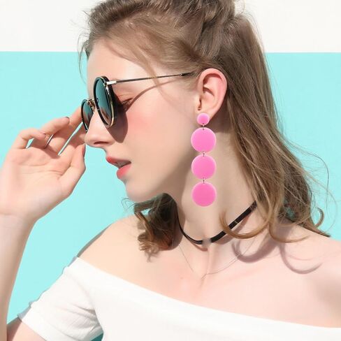 Retro Lightweight Round Acrylic Disk Statement Dangle Earrings Fluorescent Color Triple Splicing Drop Earrings in Kuwait