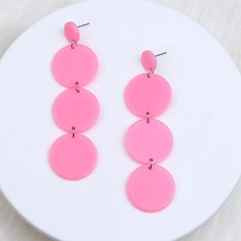 Retro Lightweight Round Acrylic Disk Statement Dangle Earrings Fluorescent Color Triple Splicing Drop Earrings in Kuwait