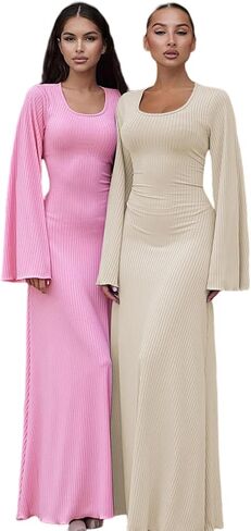 ZGMYC Women's Scoop Neck Lace Up Ribbed Maxi Dress Knit Flare Sleeve Bodycon Dress Loose Casual Long Dresses in Kuwait
