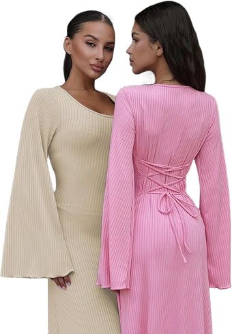 ZGMYC Women's Scoop Neck Lace Up Ribbed Maxi Dress Knit Flare Sleeve Bodycon Dress Loose Casual Long Dresses in Kuwait