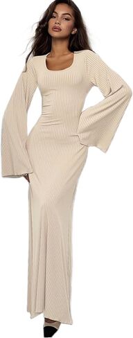 ZGMYC Women's Scoop Neck Lace Up Ribbed Maxi Dress Knit Flare Sleeve Bodycon Dress Loose Casual Long Dresses in Kuwait