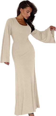 ZGMYC Women's Scoop Neck Lace Up Ribbed Maxi Dress Knit Flare Sleeve Bodycon Dress Loose Casual Long Dresses in Kuwait