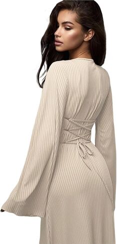 ZGMYC Women's Scoop Neck Lace Up Ribbed Maxi Dress Knit Flare Sleeve Bodycon Dress Loose Casual Long Dresses in Kuwait