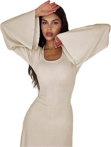 ZGMYC Women's Scoop Neck Lace Up Ribbed Maxi Dress Knit Flare Sleeve Bodycon Dress Loose Casual Long Dresses in Kuwait